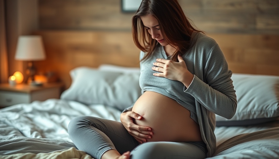 Concerned pregnant woman, sitting on bed, soft lighting.