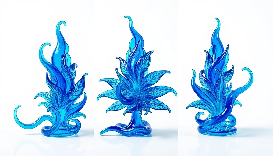 Intricate blue cannabis glass art piece with flowing shapes.