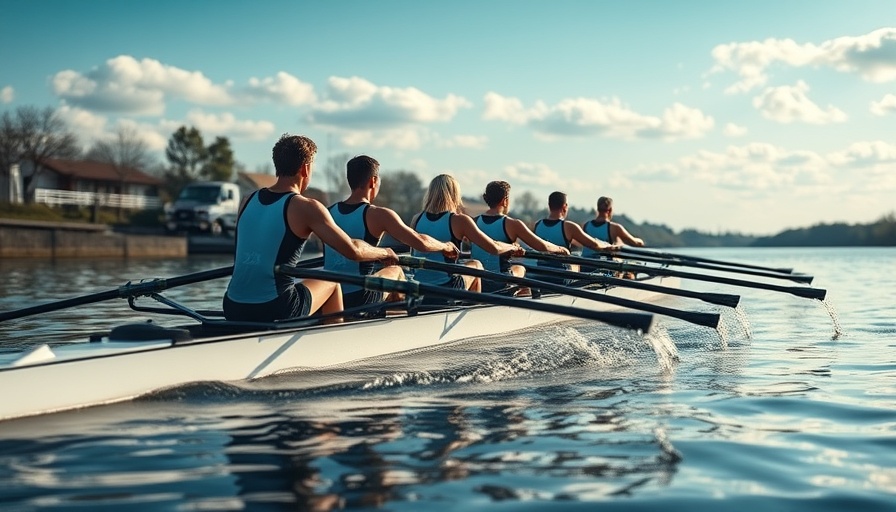 Rowing team in perfect unison on a clear river surface.