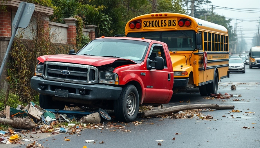 Red pickup truck and school bus collision aftermath in Maricopa.