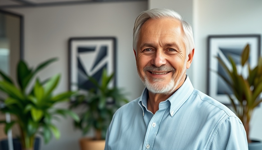 Older man in modern office, smiling softly.