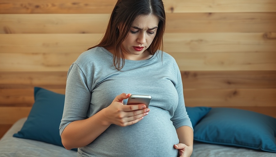 Concerned pregnant woman using phone indoors, perinatal focus.