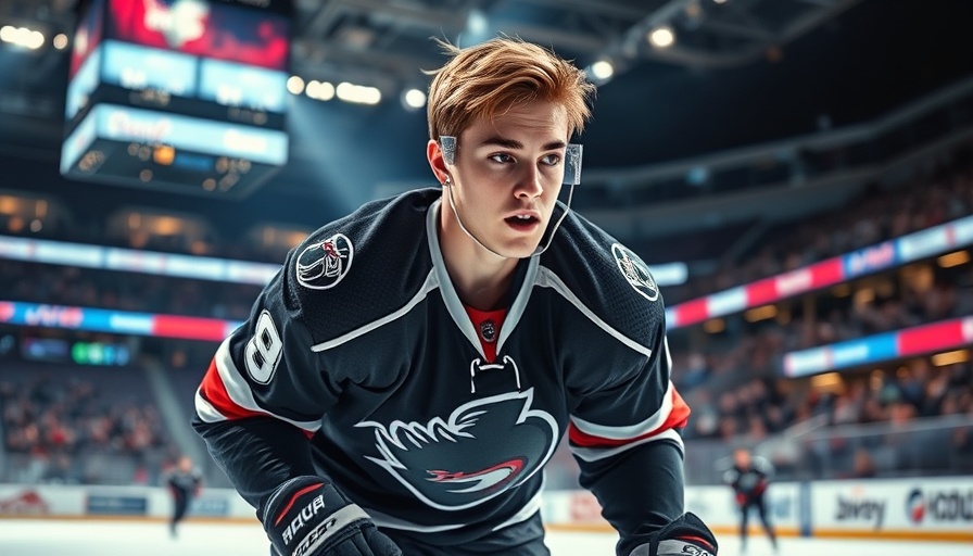 Young NCAA hockey player skating with focus in an indoor rink.