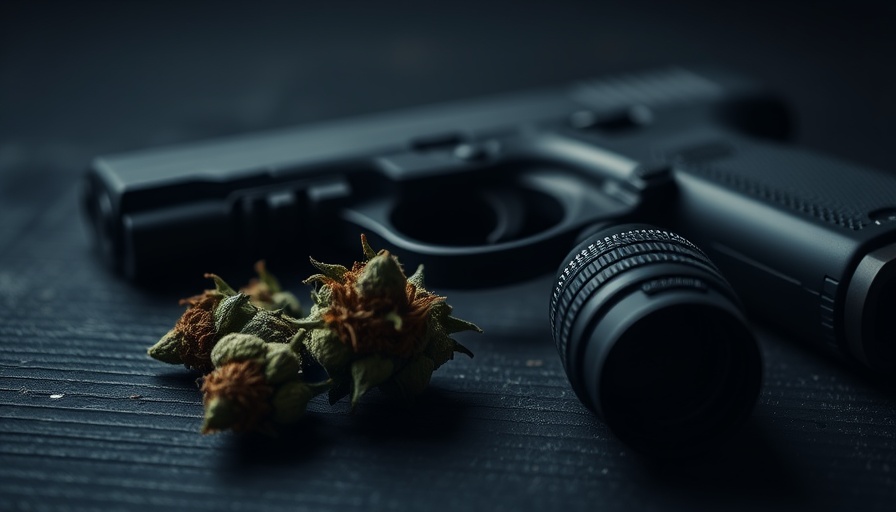 Cannabis and handgun on wooden surface, symbolizing medical cannabis consumers' Second Amendment rights.