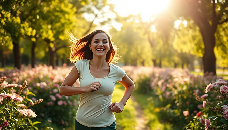 Joyful woman jogging in park, promoting Phone-Based Weight Loss for Breast Cancer