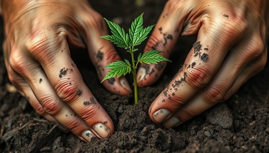 Close-up of hands planting a hemp seedling in soil, EU recognizes hemp flower as a crop.