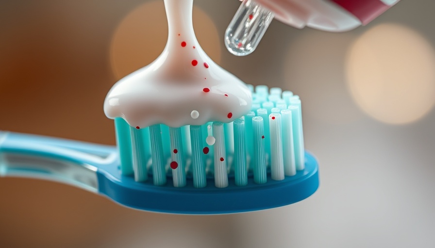 Toothpaste being applied to a toothbrush with teal bristles, close-up.