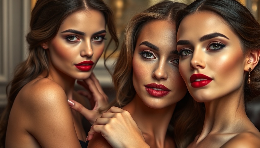 Three women showcasing the red wine makeup trend with deep red lips.