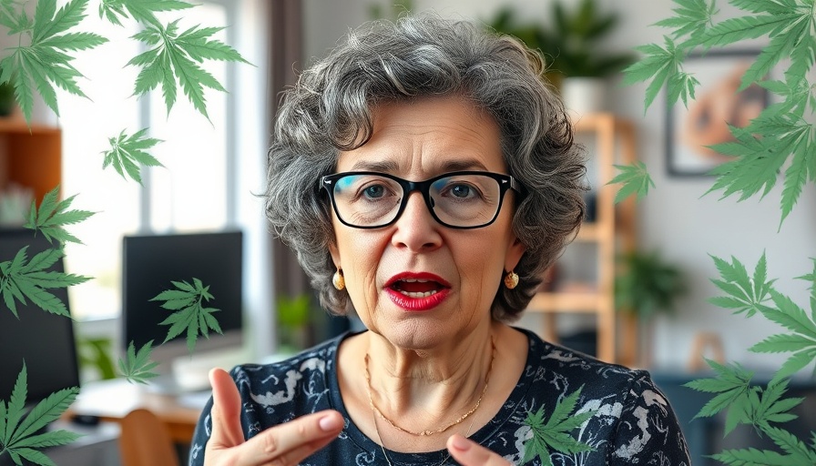 Middle-aged woman in office with cannabis leaf background, discussing compliance.