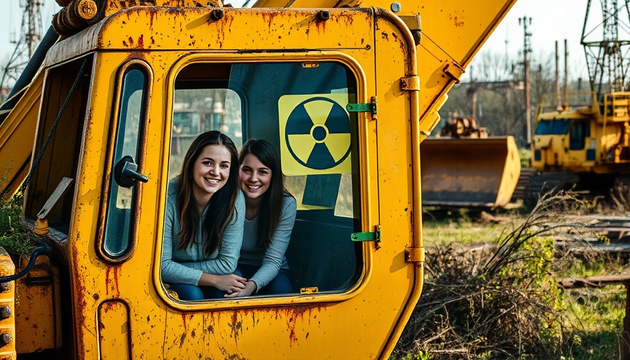 Chernobyl tourism safety: Two women pose in a rusty excavator.