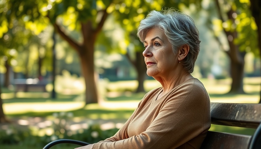 Mature woman pondering on park bench, menopause accelerates aging.