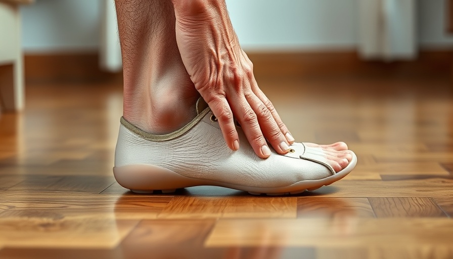 Elderly person adjusting shoe on swollen ankle, leg swelling in aging.