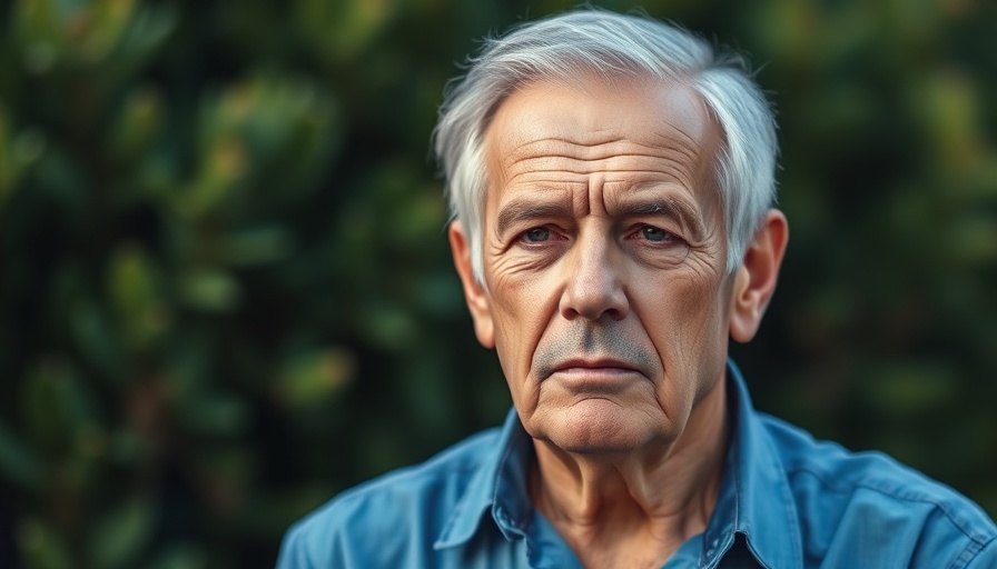 Elderly man in blue shirt with contemplative look, soft green background.