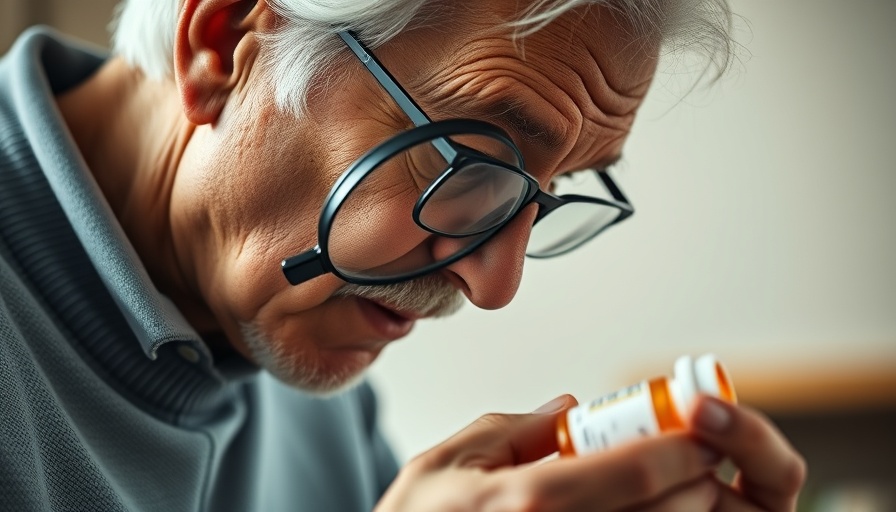 Elderly man uses magnifying glass to examine anticholinergic drugs prescription.