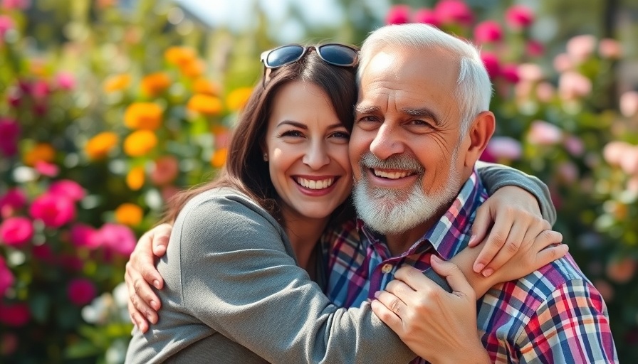 Elderly man and young woman smiling in garden, symbolizing personal health record for aging.