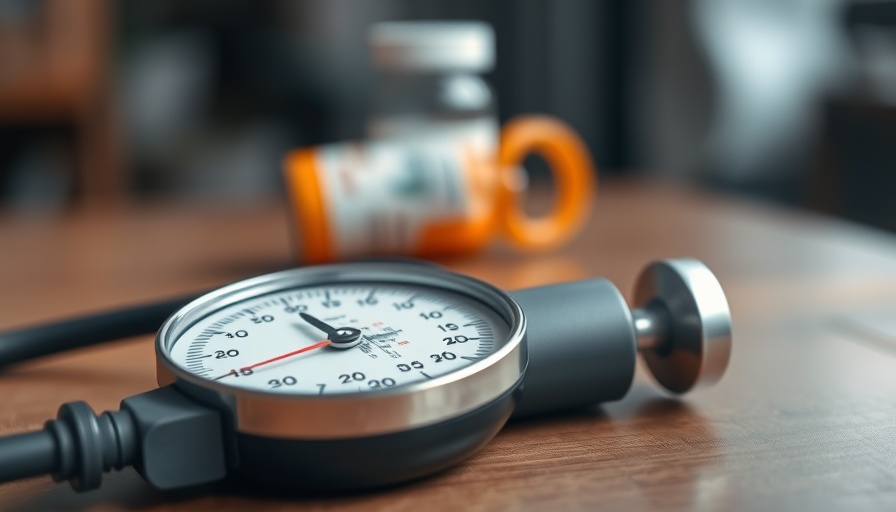 Close-up of sphygmomanometer and prescription bottle for lower blood pressure in aging.
