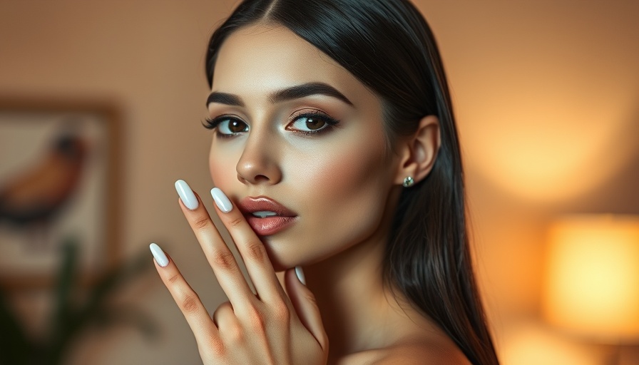 Elegant woman showcasing sheer white manicure trend indoors.