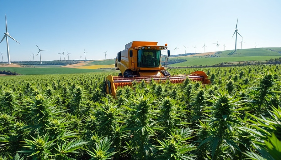 Cannabis field with harvester and wind turbines, cannabis industry news.