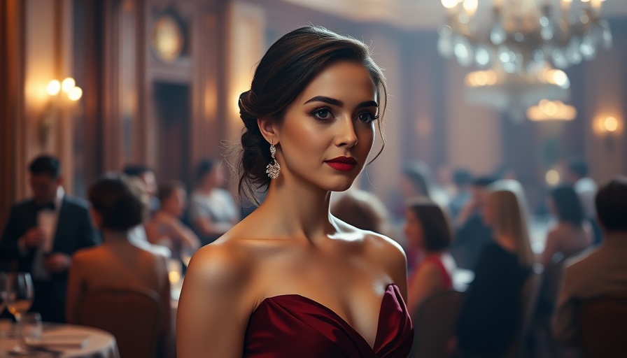 Elegant woman at an event in a dark red gown.