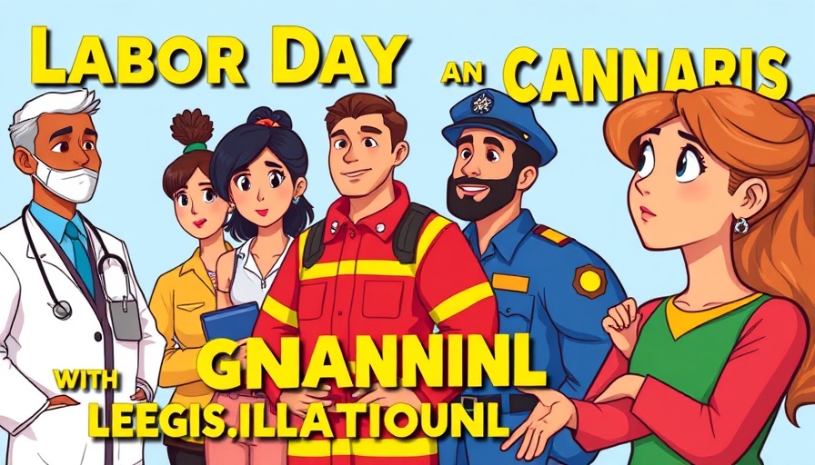 Labor Day illustration with professionals and cannabis legalization text.