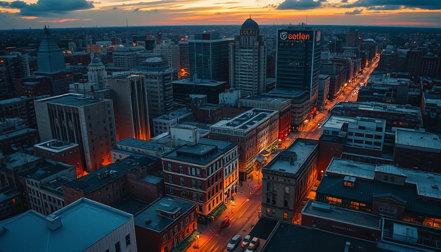 Aerial view of cityscape at sunset reflecting cannabis industry news growth.