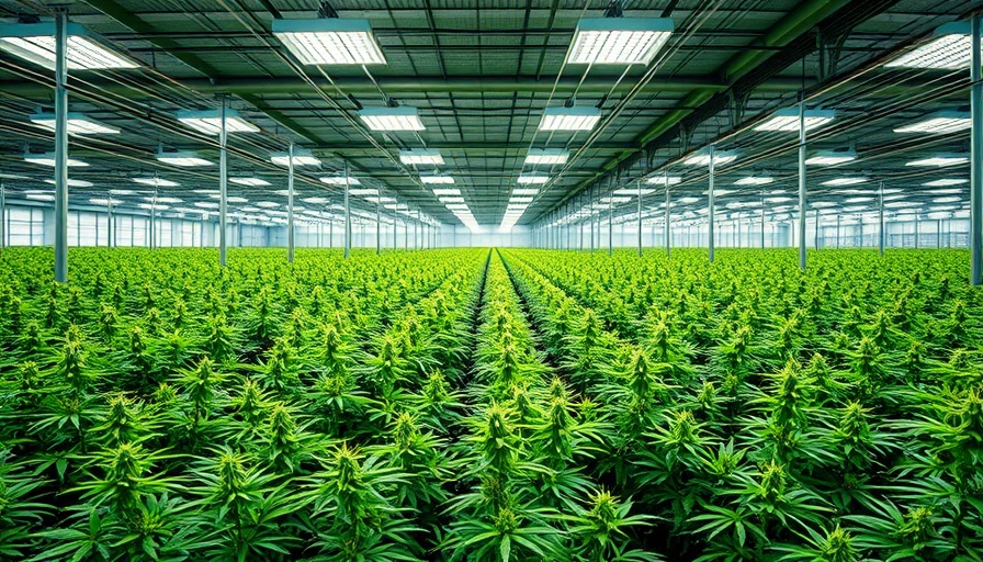 Expansive greenhouse with cannabis plants, bright lighting.