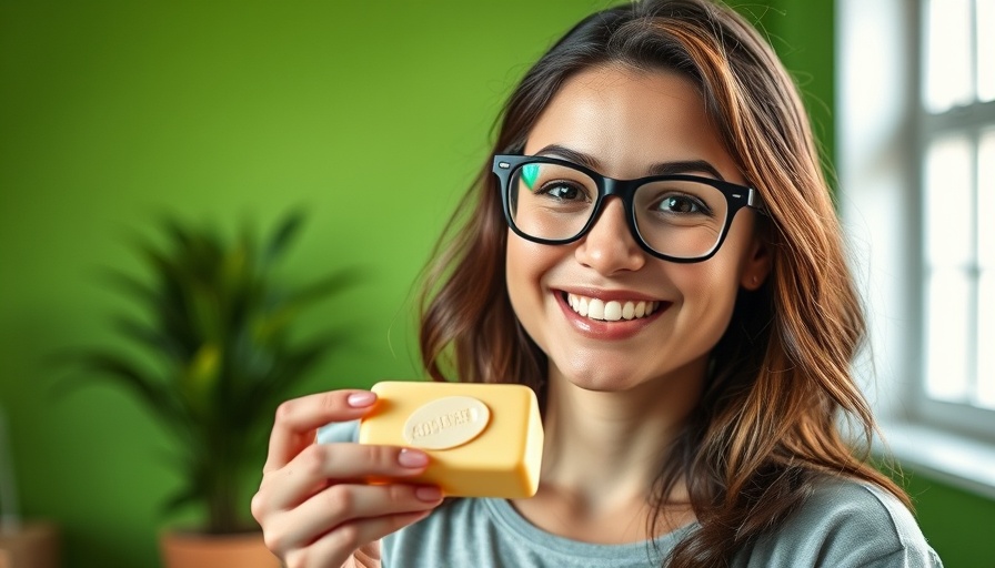 Young woman holding exfoliating bar soap, indoors with glasses.