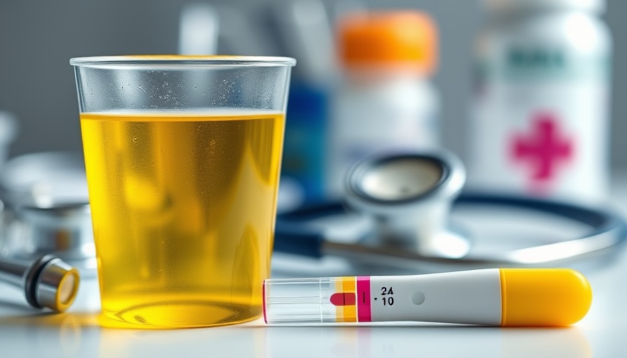 Medical scene with urine test cup and strip for asymptomatic bacteriuria treatment.