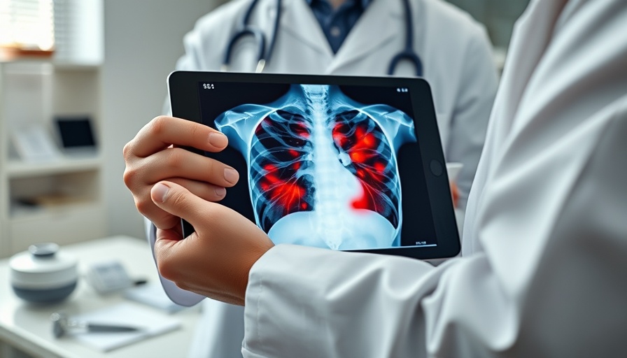 Doctor examines lung X-ray on tablet for perioperative nivolumab NSCLC.