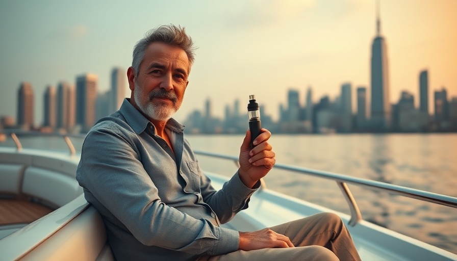 Man relaxing on boat using Storz & Bickel VEAZY vaporizer with cityscape.