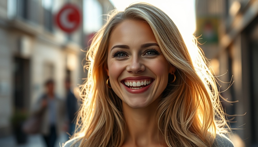 Smiling woman with long blonde hair sharing beauty tips effortlessly.