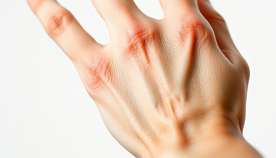 Psoriatic arthritis on hand with dry flaky skin.