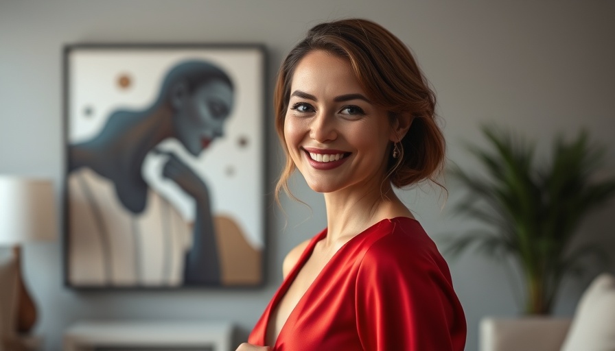 Elegant woman in red silk dress with soft smile indoors.