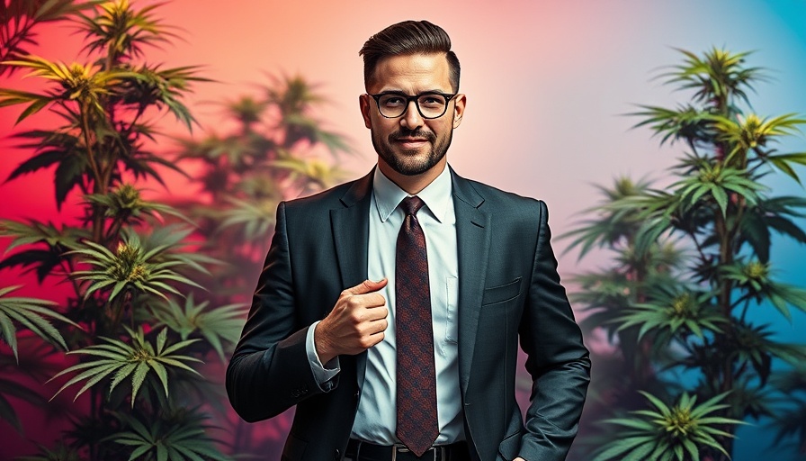 Professional image of a man in front of a cannabis-themed background.
