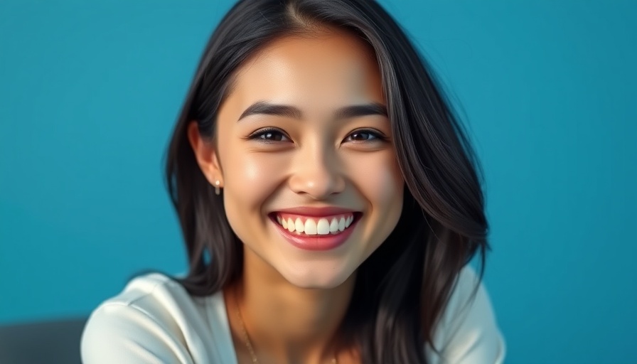 Radiant young woman indoors with a bright smile, solid blue background.