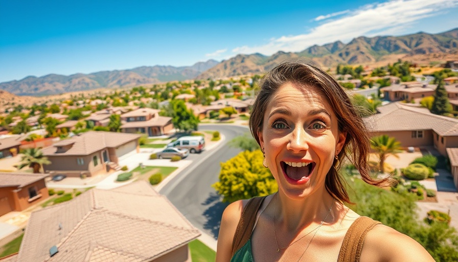Aerial view of Queen Creek Arizona neighborhood with surprised woman.