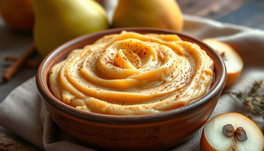 Mashed sweet potatoes and pears in a rustic bowl with whole pears.