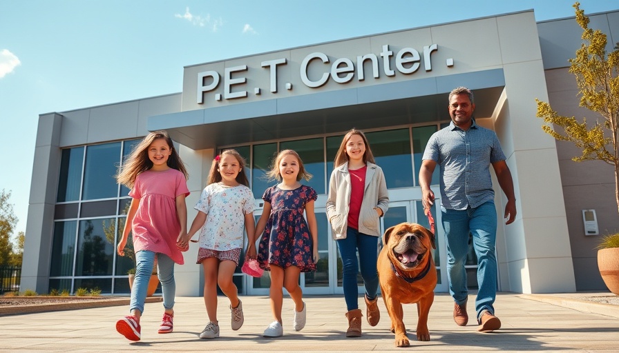 Family with dog outside P.E.T. Center, promoting pet-friendly rentals.