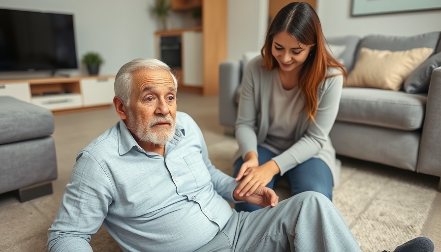 Senior man assisted after fall in modern living room, focusing on how to reduce fall risk for seniors.
