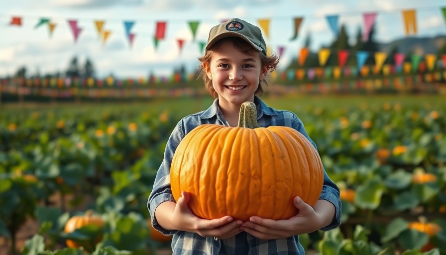 Young person with pumpkin smiling in Phoenix pumpkin patch, vibrant field.