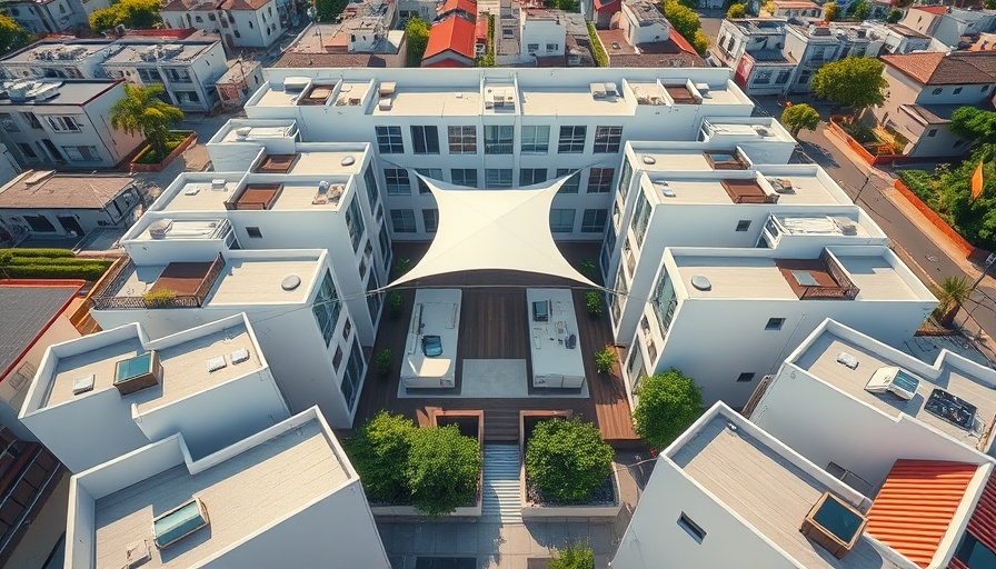 Aerial view of modular housing in Phoenix with white structures and courtyard.