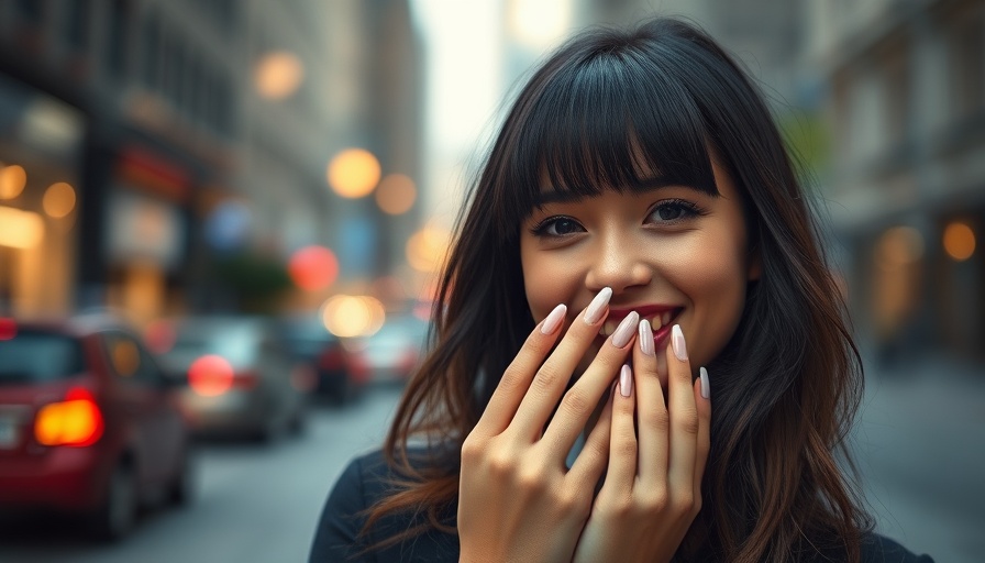 Chic woman's long French manicure trend in urban setting