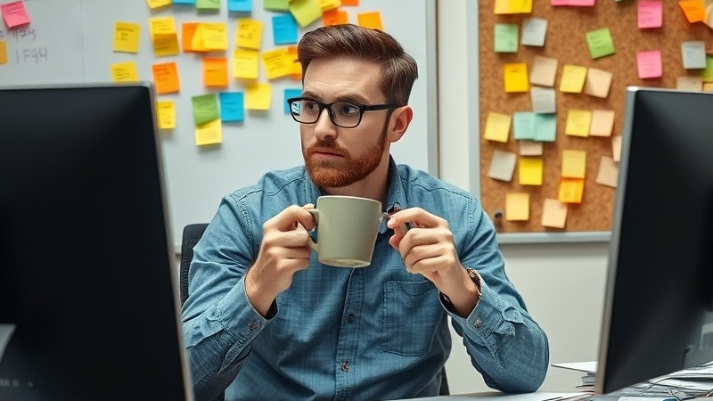 Overworked office worker with coffee at cluttered desk full of sticky notes.