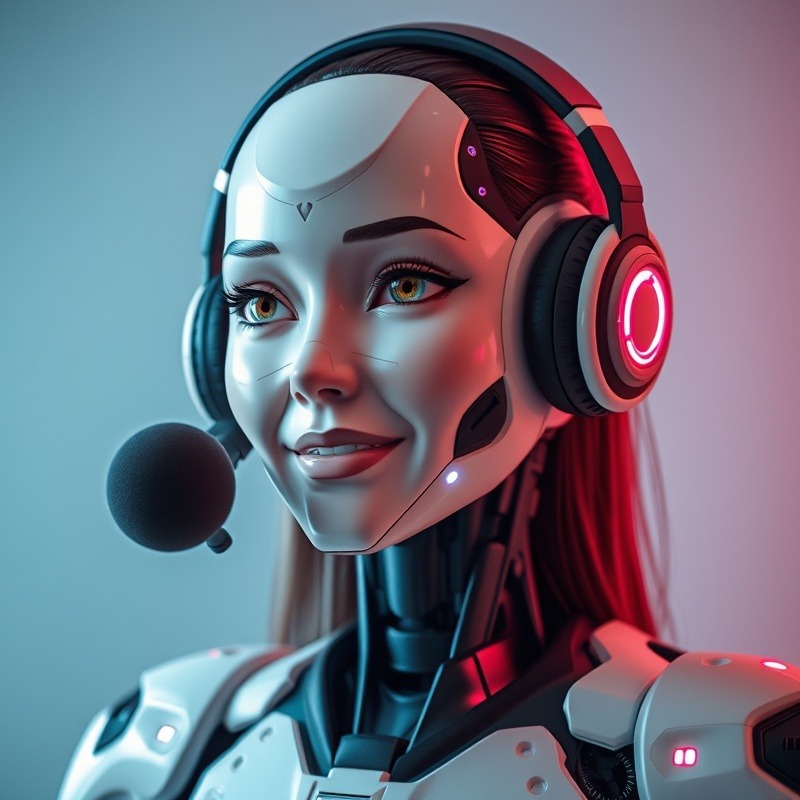 Smiling female robot receptionist with human-like features and headphones.