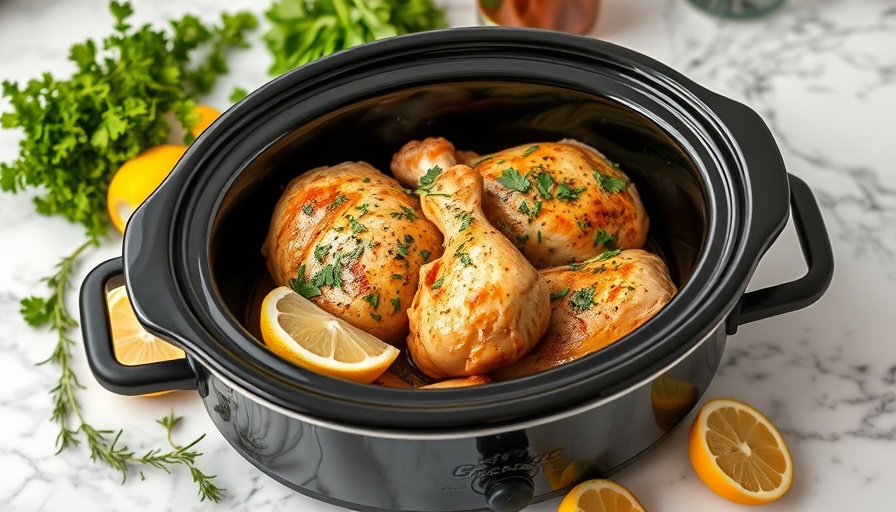 Crockpot Lemon Chicken garnished with herbs and lemon slices, in a black crockpot.