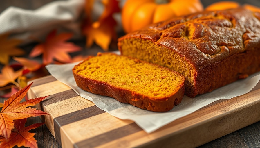 Freshly baked pumpkin bread recipe slices on cutting board.
