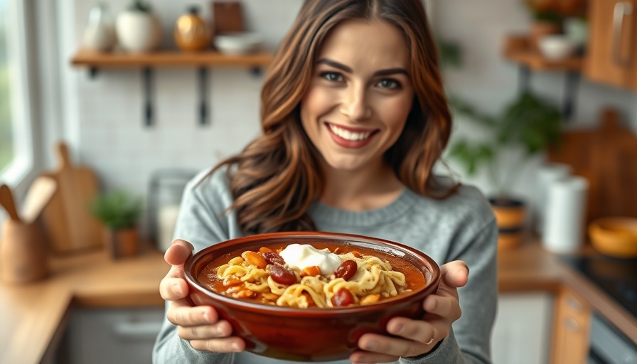 Crock Pot Soups in a bowl with a smiling woman in a kitchen.