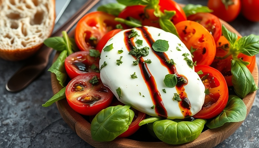 Vibrant tomato burrata salad on white platter with pesto.