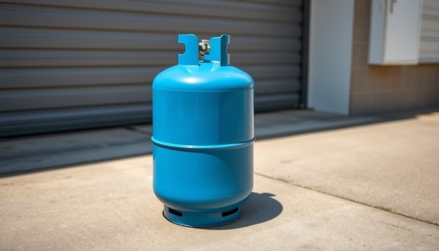 Large blue propane cylinder outside garage; winter garage storage safety.