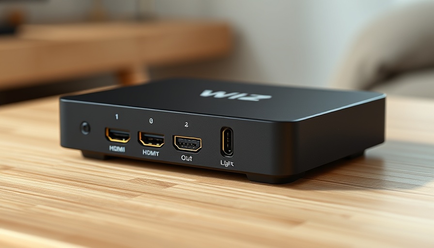 WiZ HDMI Sync Box on a wooden table showing ports.